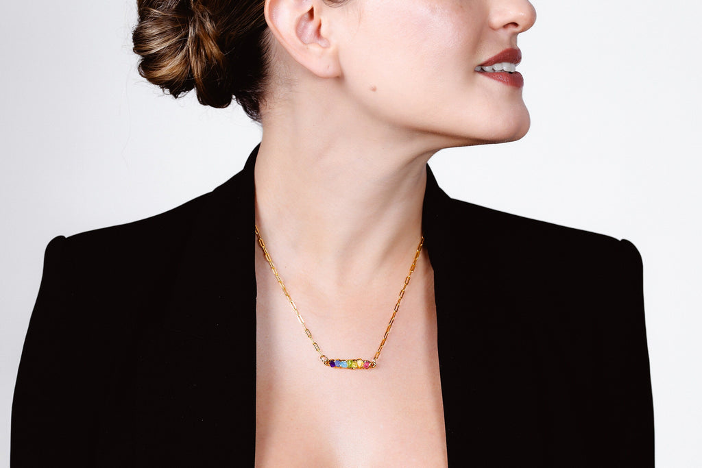 Rainbow Raw Crystal Necklace • 24k Gold Filled Gemstone Pendant • Pride Gift • Genuine Aquamarine, Citrine, Sapphire, Amethyst, Peridot