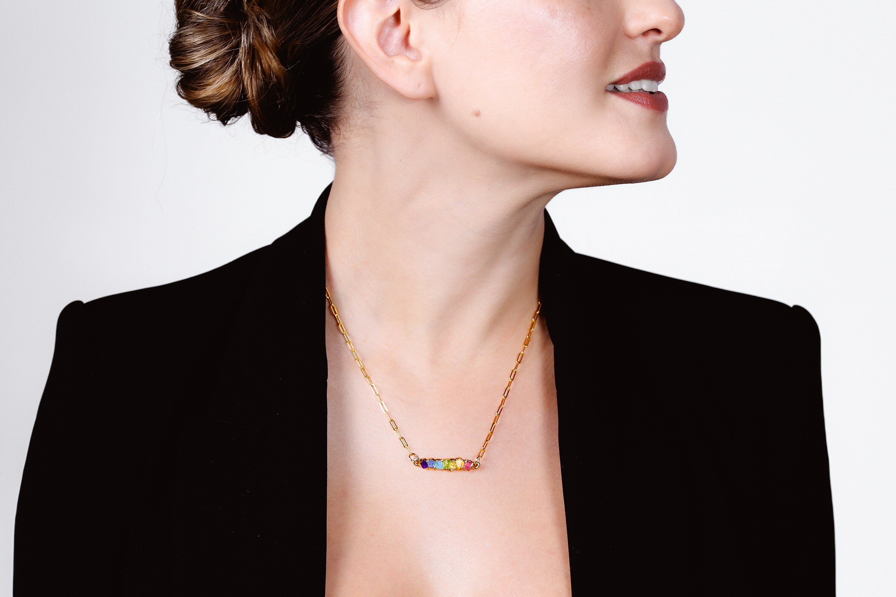 Rainbow Raw Crystal Necklace • 24k Gold Filled Gemstone Pendant • Pride Gift • Genuine Aquamarine, Citrine, Sapphire, Amethyst, Peridot