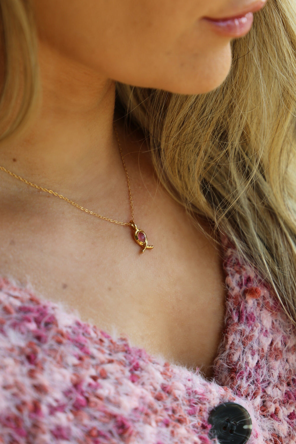Pink Tourmaline Breast Cancer Ribbon Necklace · Gift for Her · Breast Cancer Awareness · 100% of Purchase goes towards Amy's Recovery