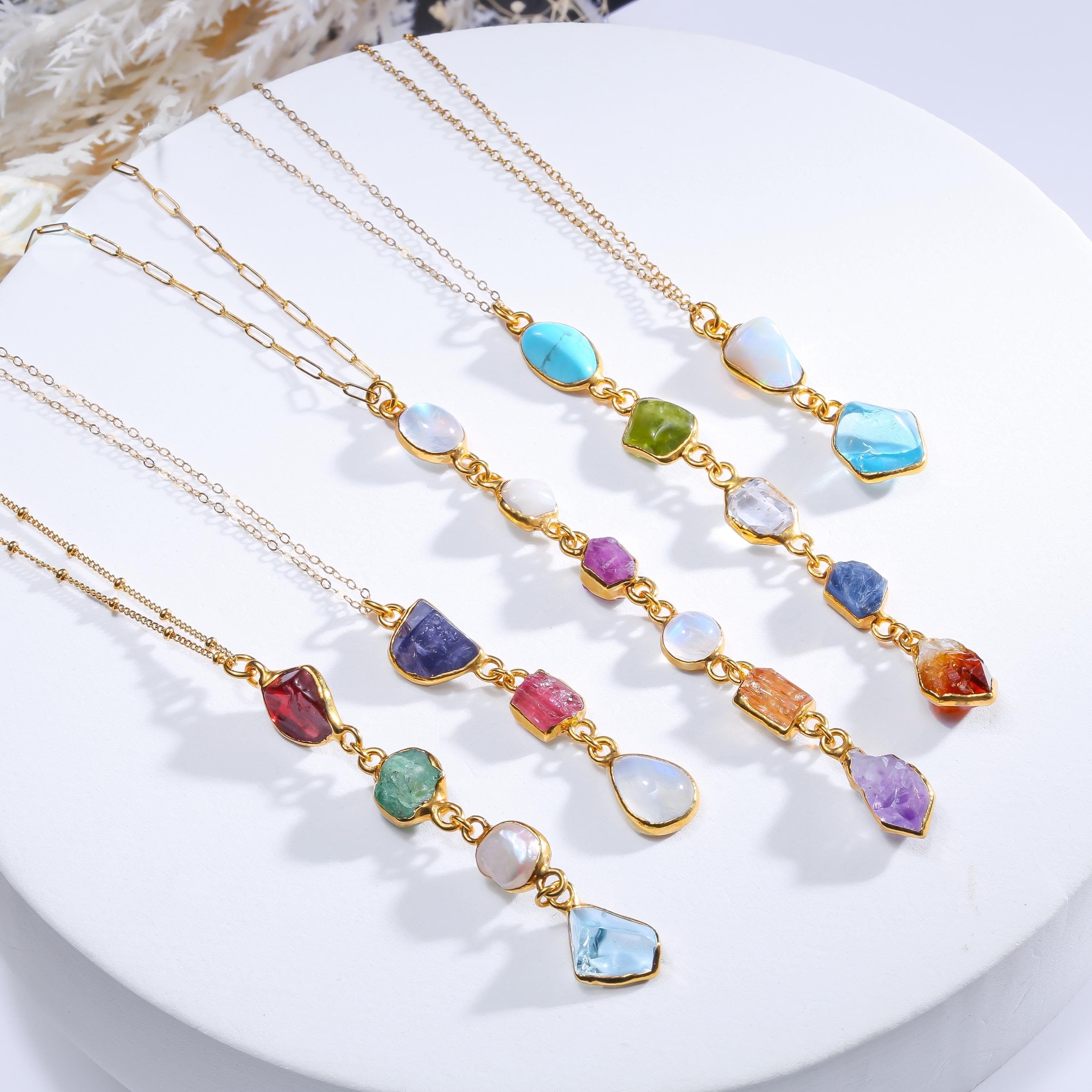 Custom Raw Birthstone Necklace • Lariat Mother’s Necklace • Unique Mother's Day Gift • Kids Birthstone Family Necklace • Boho Raw Gemstone