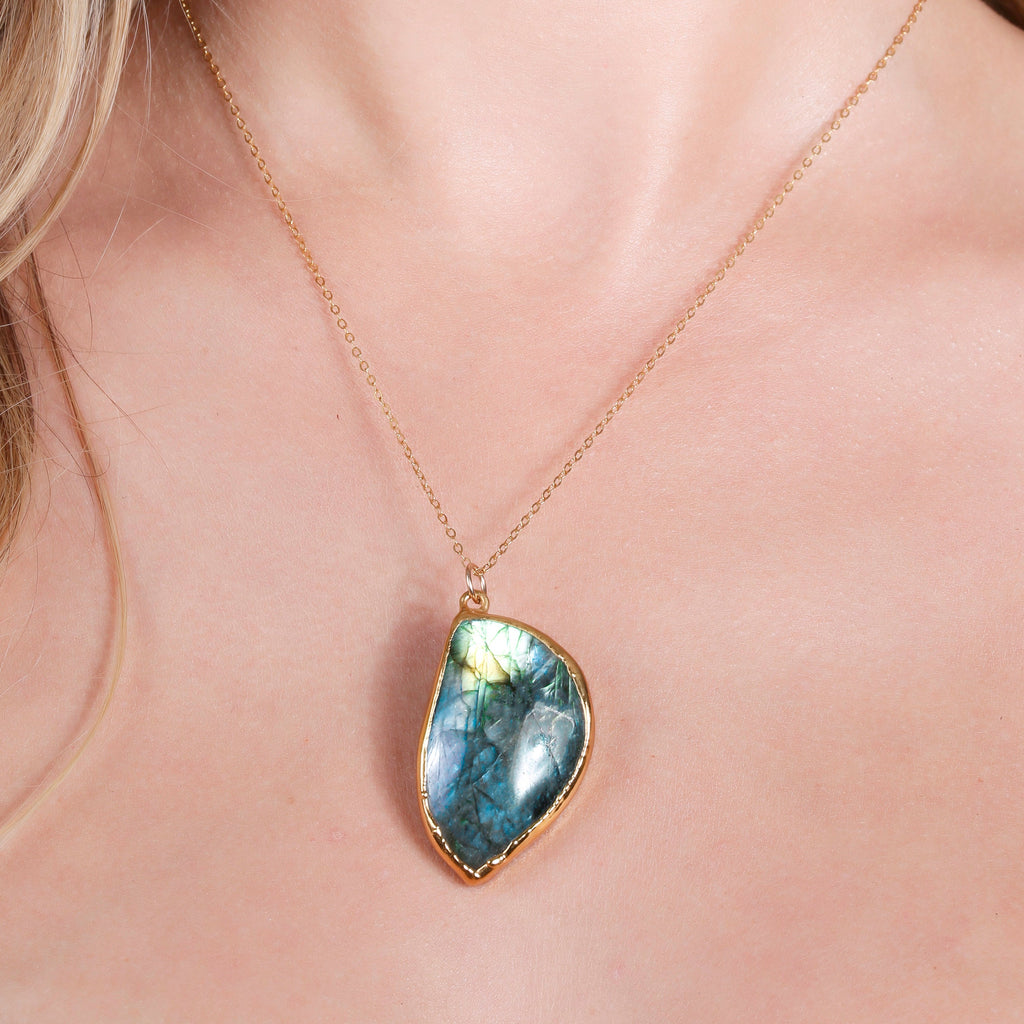Statement Raw Labradorite Necklace • Gold Filled • Whimsigoth Crystal Pendant • Chunky Gemstone Statement Jewelry • Handmade Gift  • 24k Dip