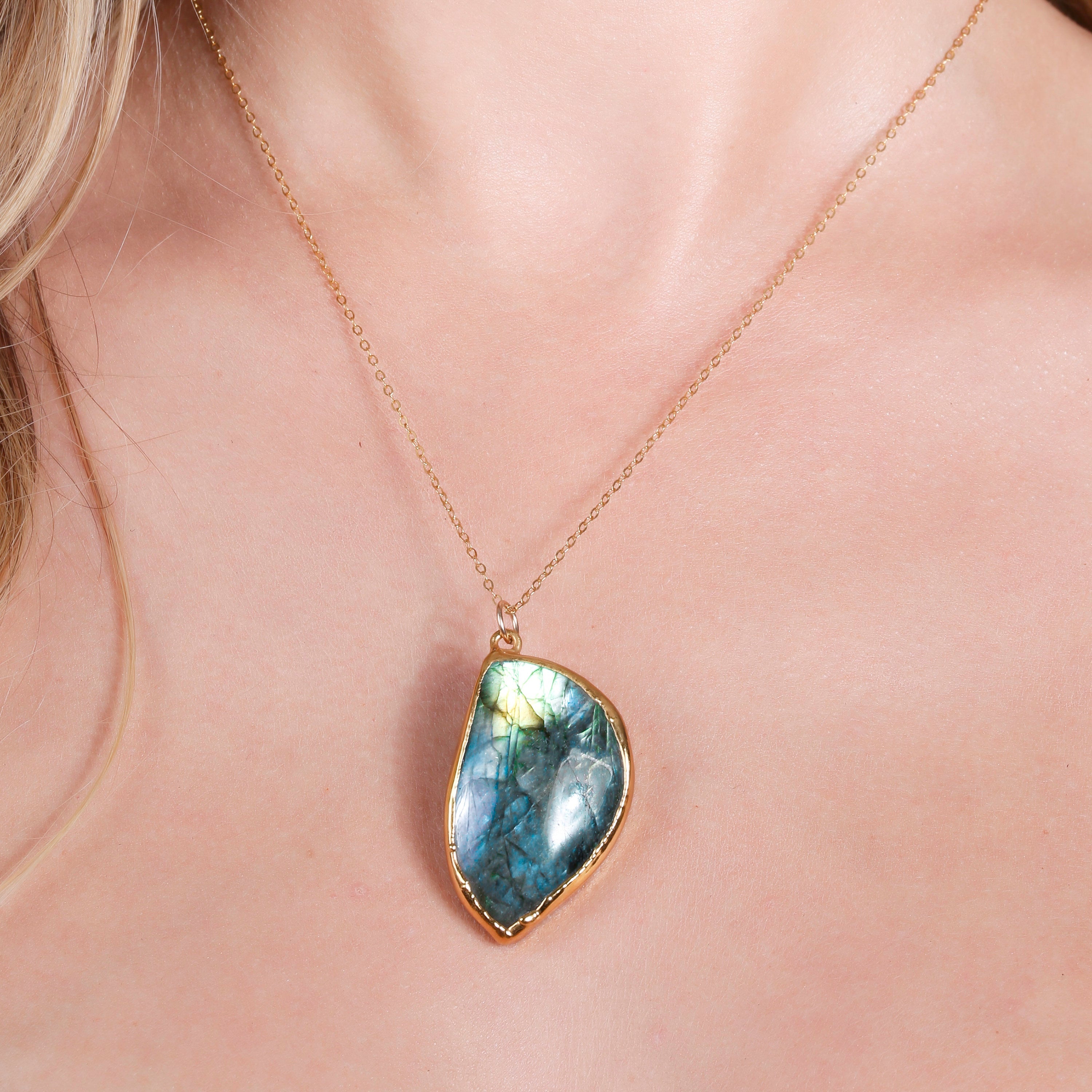 Statement Raw Labradorite Necklace • Gold Filled • Whimsigoth Crystal Pendant • Chunky Gemstone Statement Jewelry • Handmade Gift  • 24k Dip