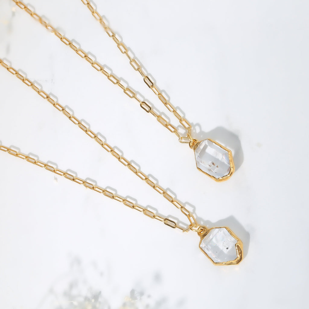 Raw Herkimer Diamond Statement Necklace • Gold Filled • Clear Tibetan Quartz Pendant • Minimalist Fall Jewelry • April Stone • Handmade