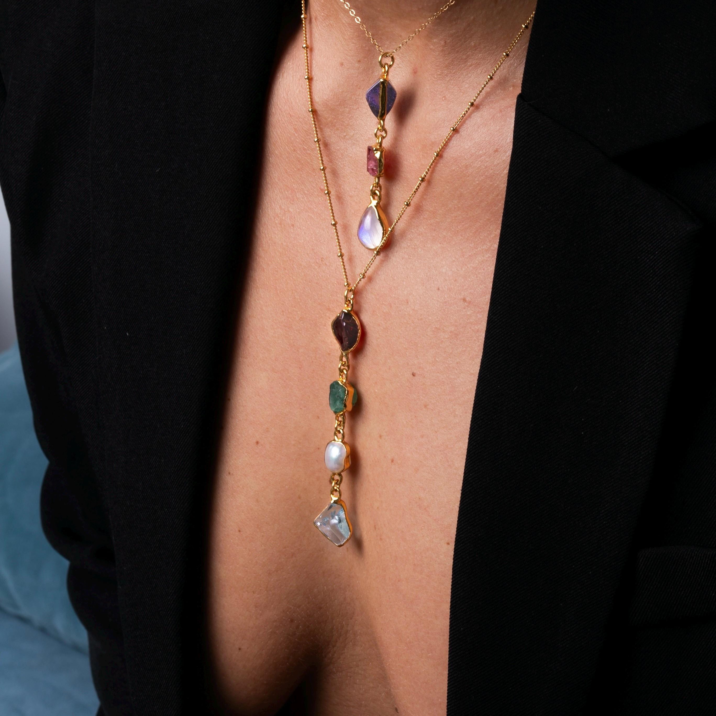 Custom Raw Birthstone Necklace • Lariat Mother’s Necklace • Unique Mother's Day Gift • Kids Birthstone Family Necklace • Boho Raw Gemstone