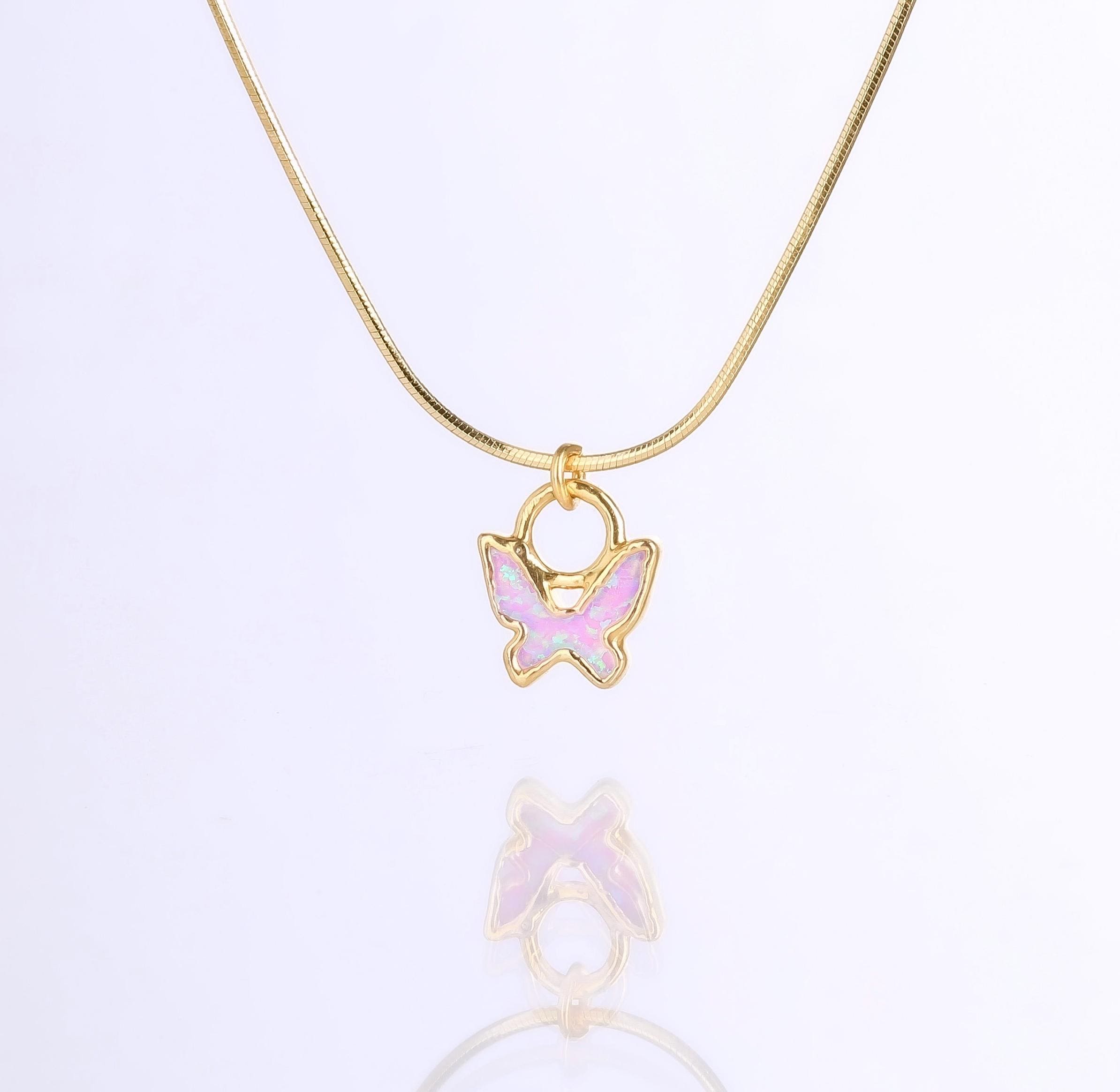 Butterfly Opal Necklace • Dainty Butterfly Pendant • Kyocera Opal • October Birthstone • Feminine Girly Pink Opal Jewelry • 24k Dip