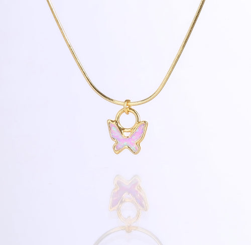 Butterfly Opal Necklace • Dainty Butterfly Pendant • Kyocera Opal • October Birthstone • Feminine Girly Pink Opal Jewelry • 24k Dip