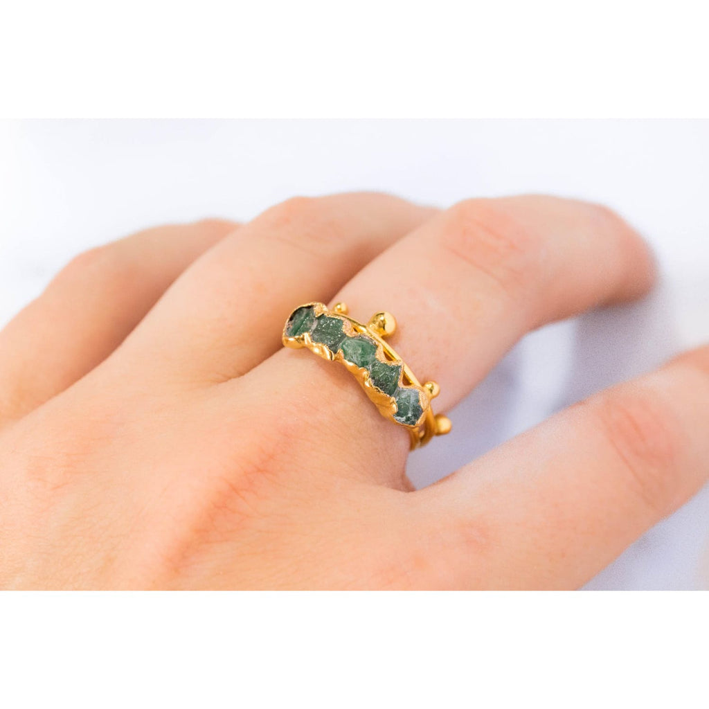 5 Stone Raw Emerald Ring in Yellow Gold