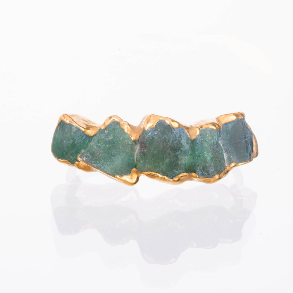 5 Stone Raw Emerald Ring in Yellow Gold
