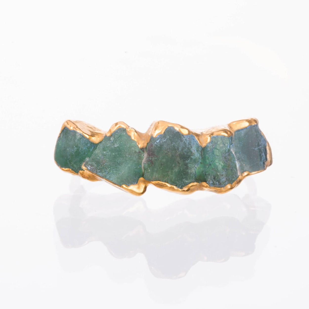 5 Stone Raw Emerald Ring in Yellow Gold