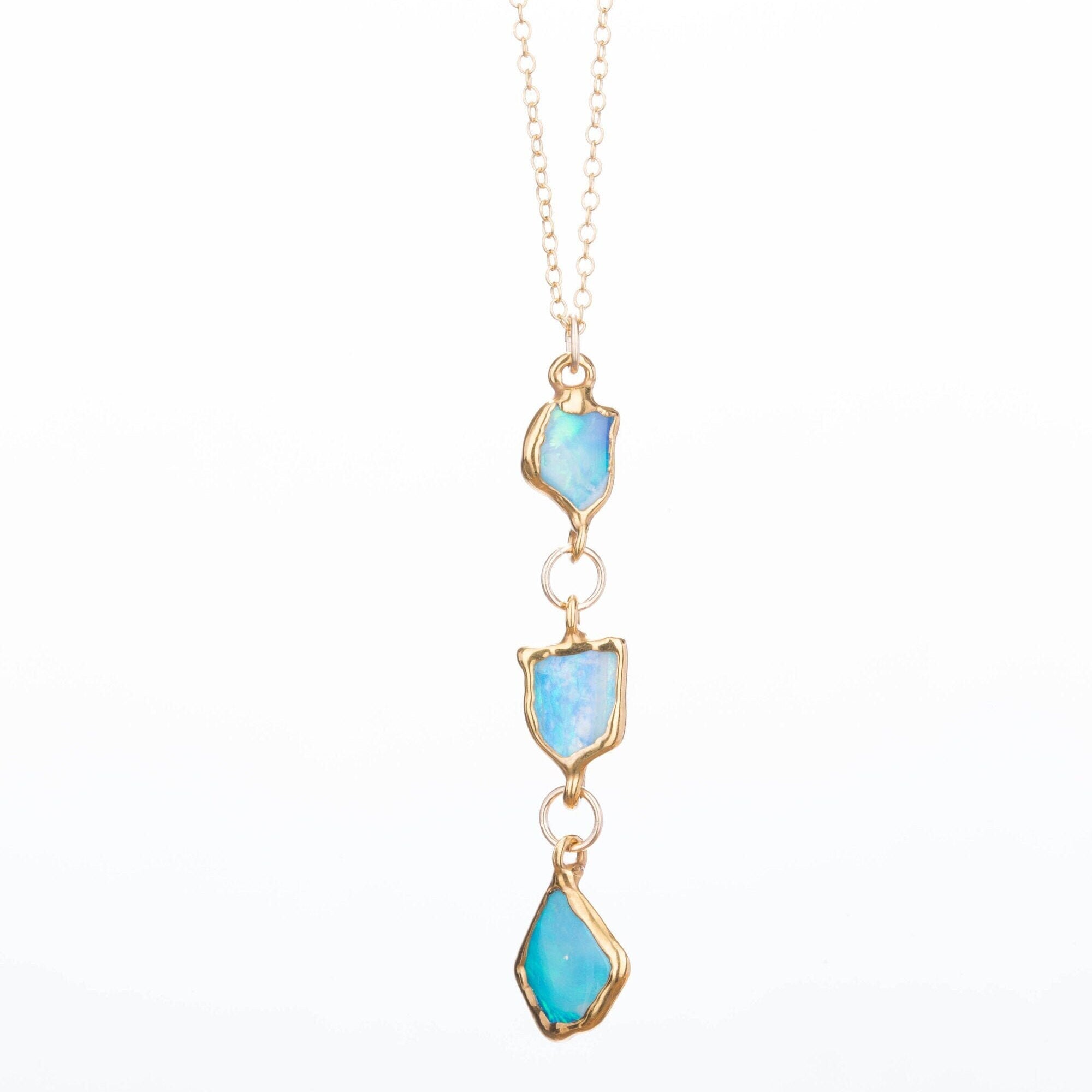 Triple Raw Opal Necklace • Australian Fire Opal Pendant • Crystal Fall Jewelry • October Birthstone Gift • 24k Gold Dip • by Ringcrush