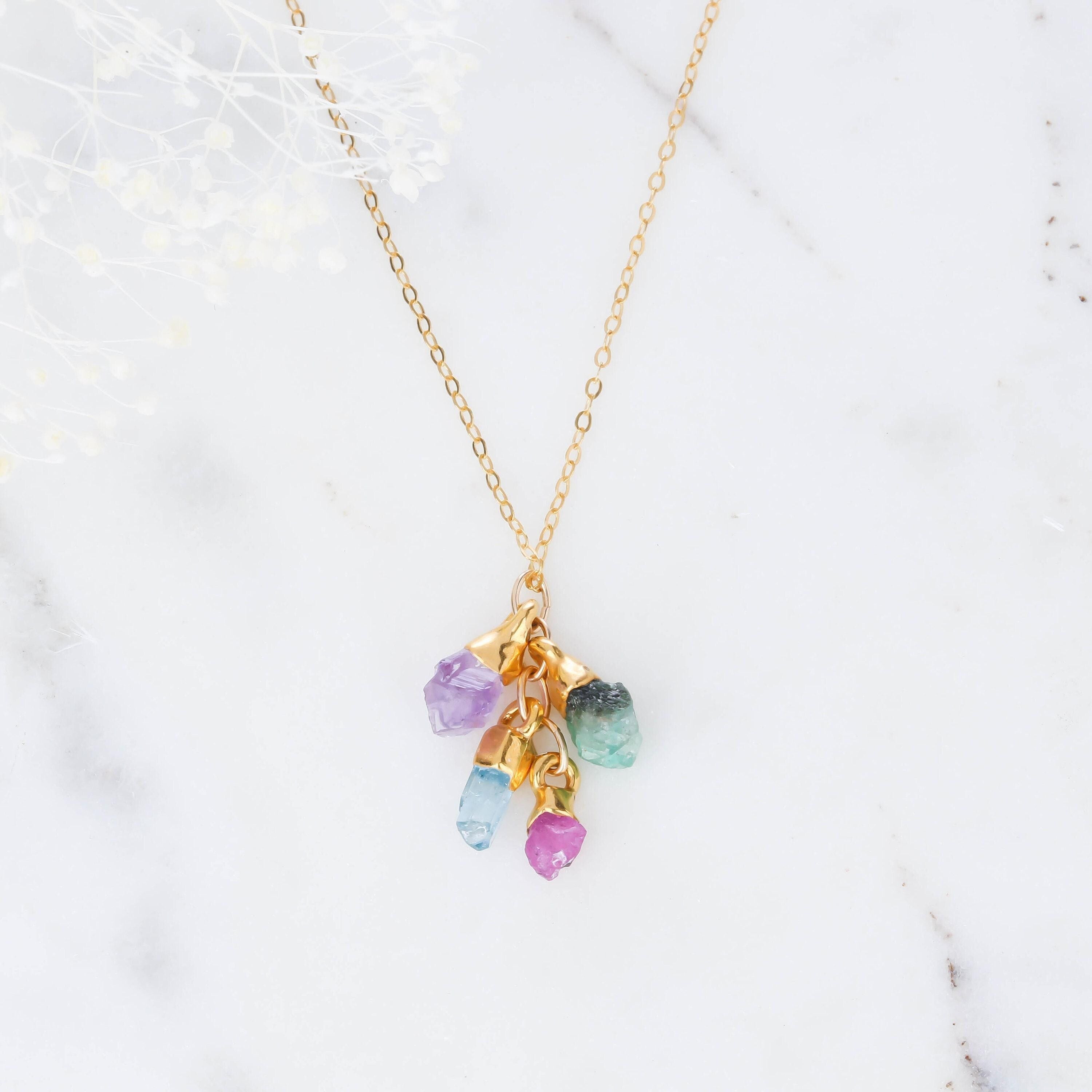 Custom Raw Birthstone Necklace • Personalized Mom Jewelry • Mother’s Day Gift • Kids Birthstone Necklace • Boho Family Jewelry