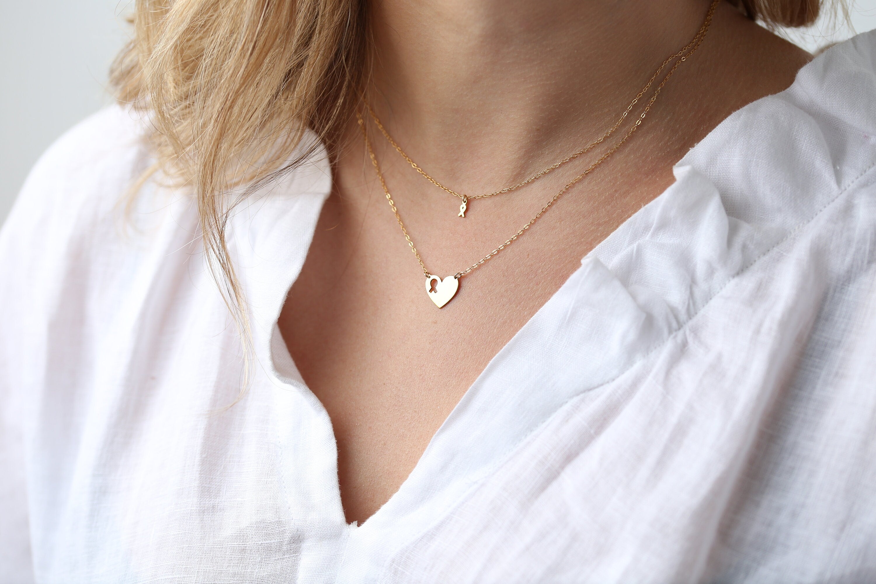 Breast Cancer Ribbon & Heart Friendship Necklace Set · BFF Best Friend Necklaces · Cancer Awareness · 100% goes towards Amy's Recovery