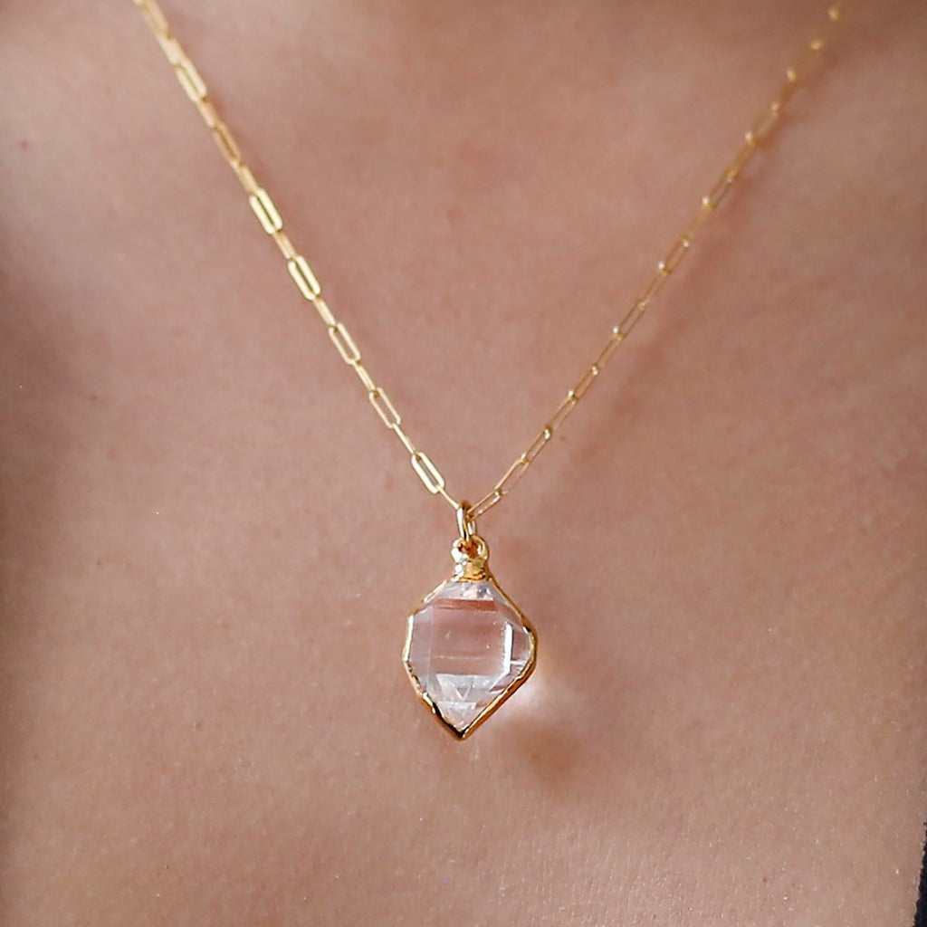Raw Herkimer Diamond Statement Necklace • Gold Filled • Clear Tibetan Quartz Pendant • Minimalist Fall Jewelry • April Stone • Handmade