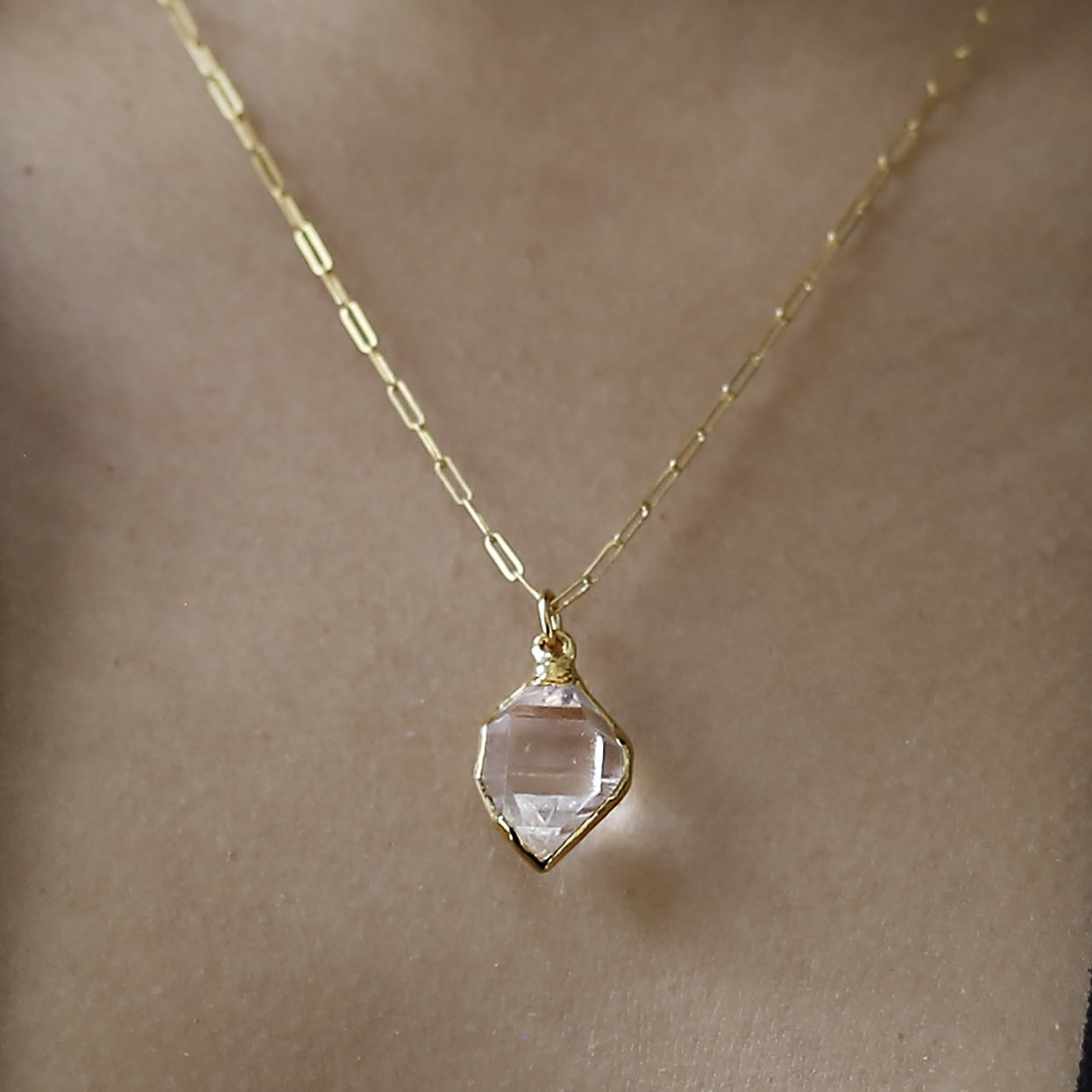 Raw Herkimer Diamond Statement Necklace • Gold Filled • Clear Tibetan Quartz Pendant • Minimalist Fall Jewelry • April Stone • Handmade