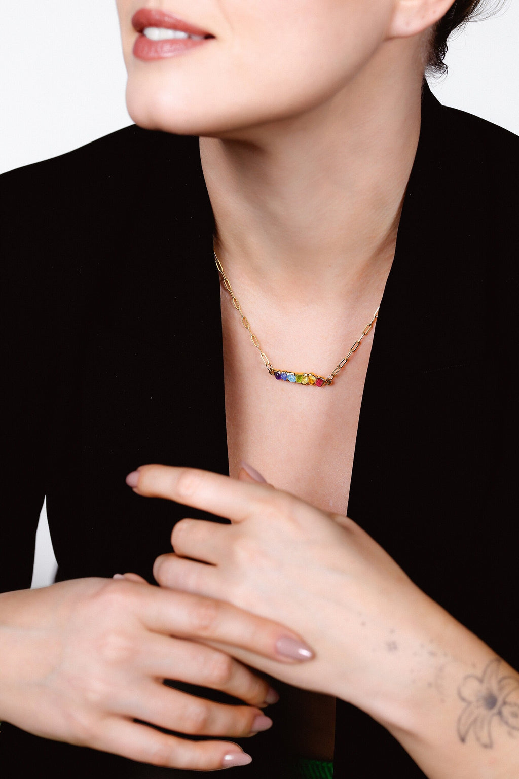 Rainbow Raw Crystal Necklace • 24k Gold Filled Gemstone Pendant • Pride Gift • Genuine Aquamarine, Citrine, Sapphire, Amethyst, Peridot