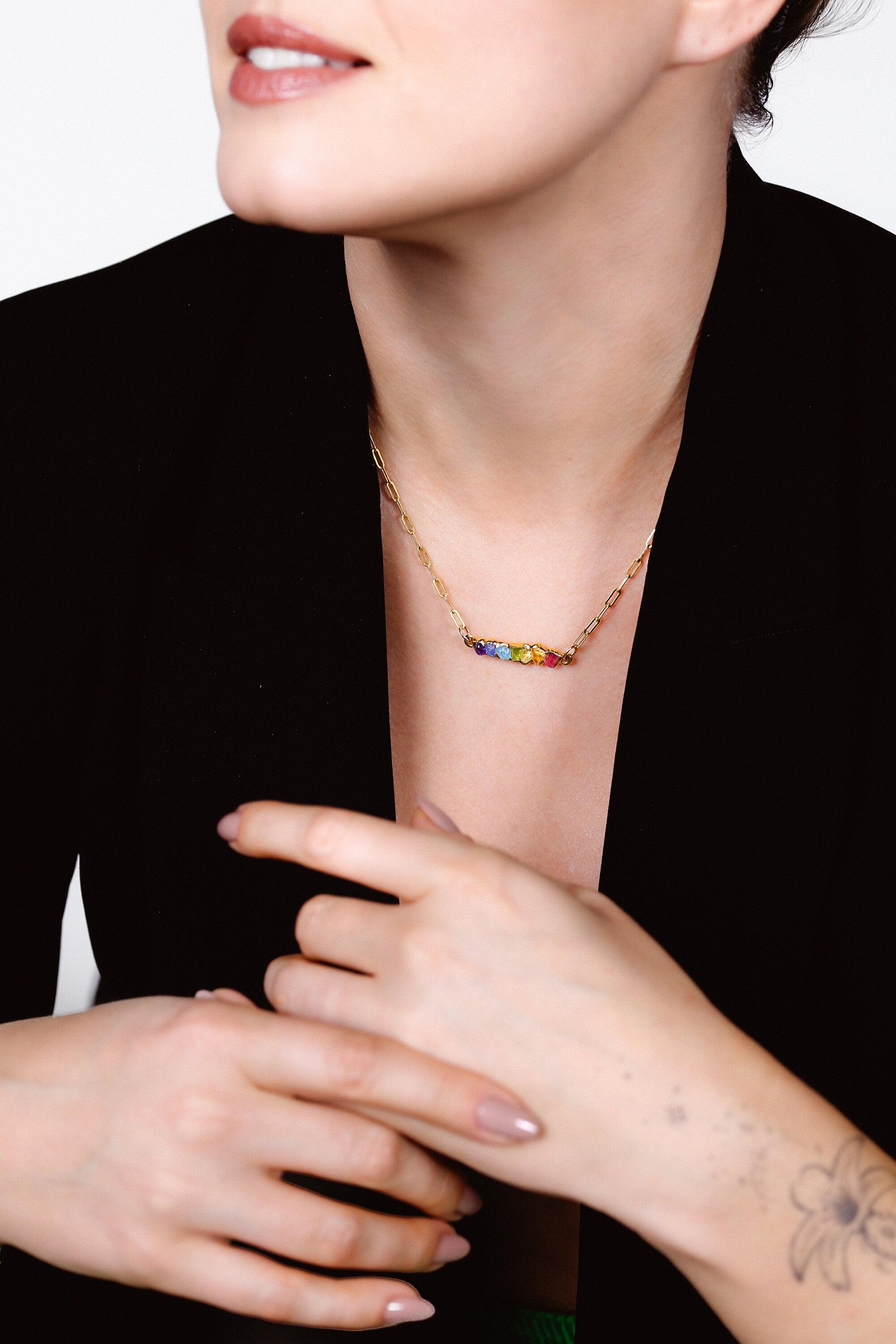 Rainbow Raw Crystal Necklace • 24k Gold Filled Gemstone Pendant • Pride Gift • Genuine Aquamarine, Citrine, Sapphire, Amethyst, Peridot