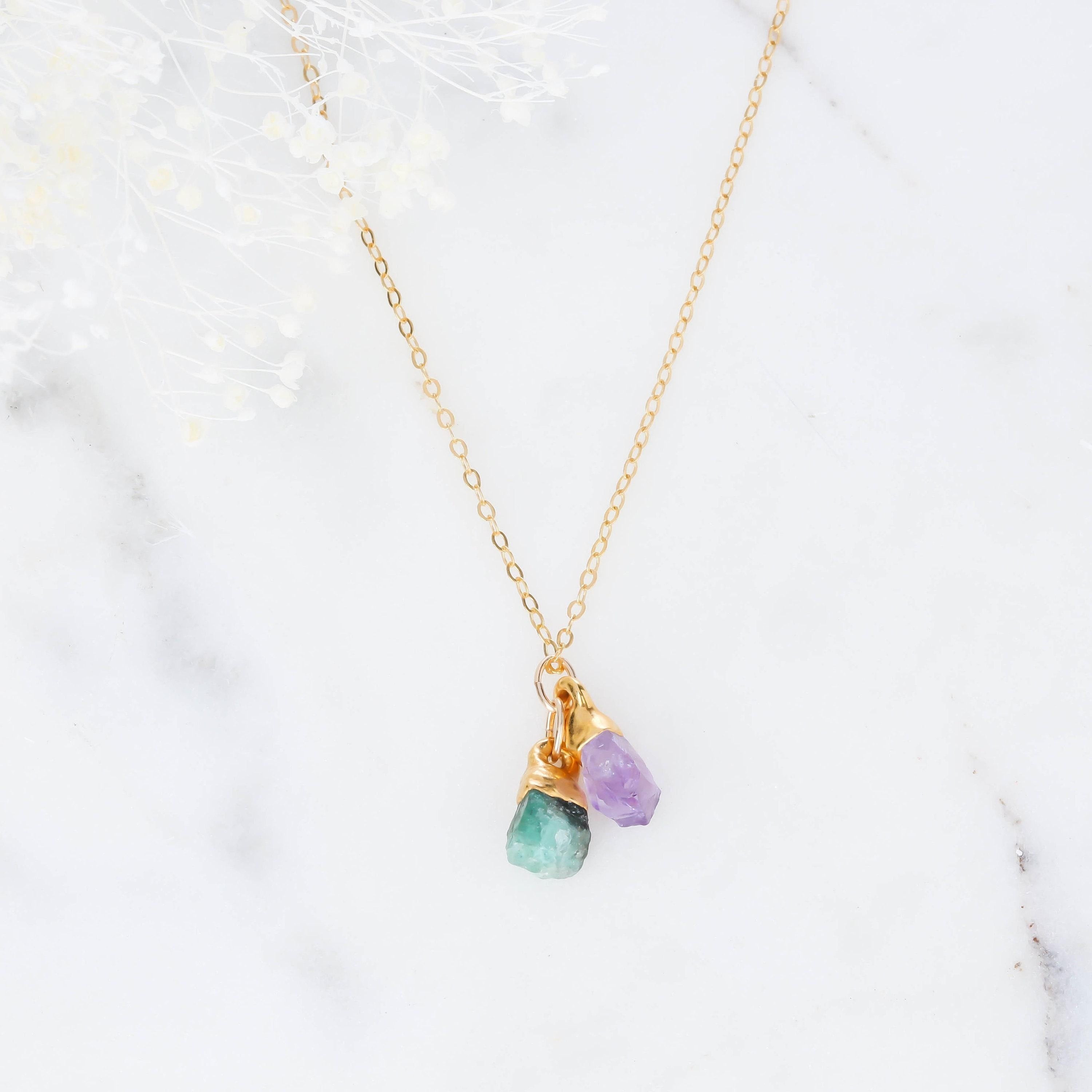 Custom Raw Birthstone Necklace • Mother of 2 • Unique Mother's Day Gift • Natural Kids Birthstone Family Necklace • Boho Raw Gemstone