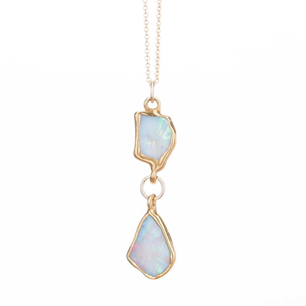 Two Opal Necklace • Gold Filled • Raw Gemstone Crystal Pendant • Handmade Jewelry • Real Fire Opal • October Birthstone Gift • 24k Dip