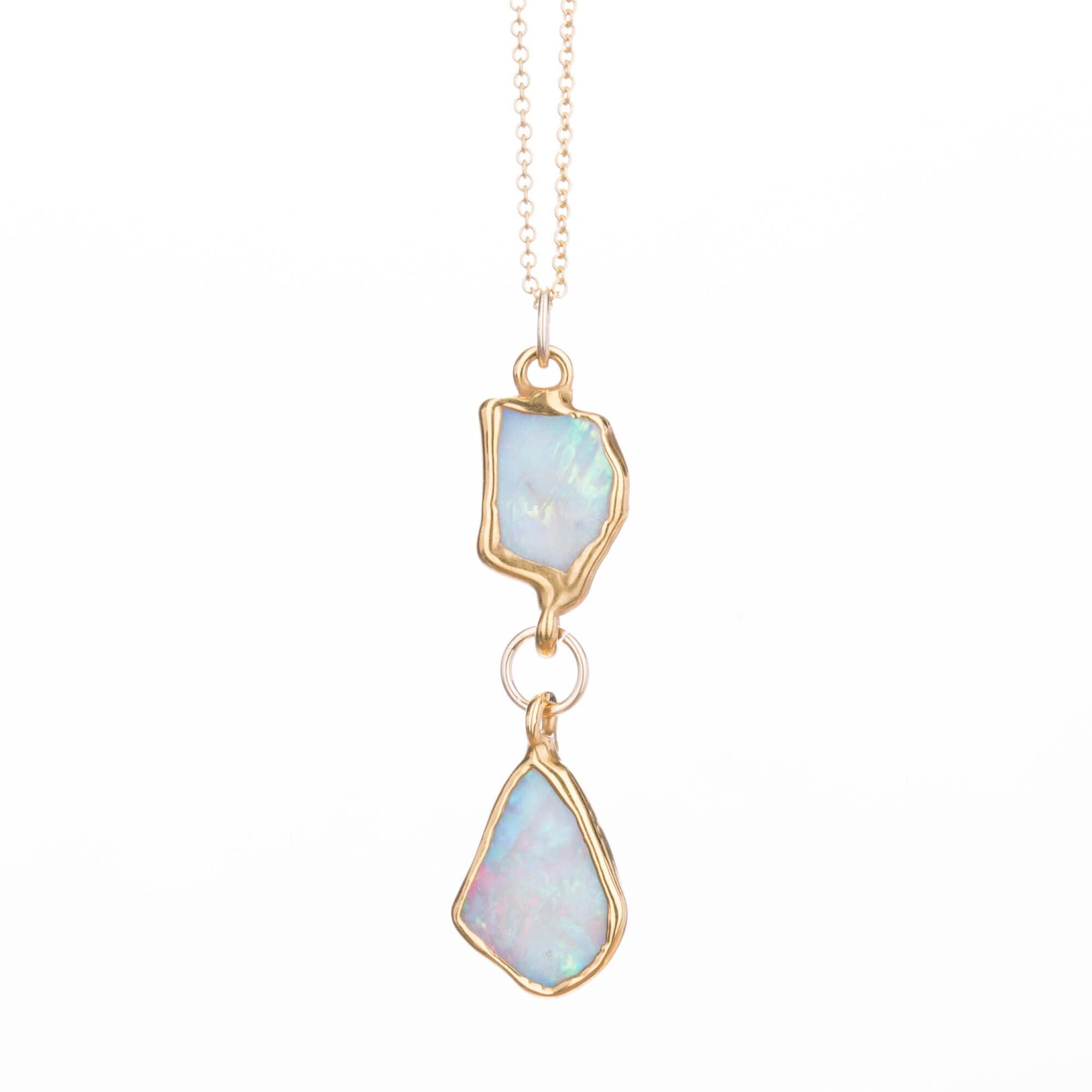 Two Opal Necklace • Gold Filled • Raw Gemstone Crystal Pendant • Handmade Jewelry • Real Fire Opal • October Birthstone Gift • 24k Dip