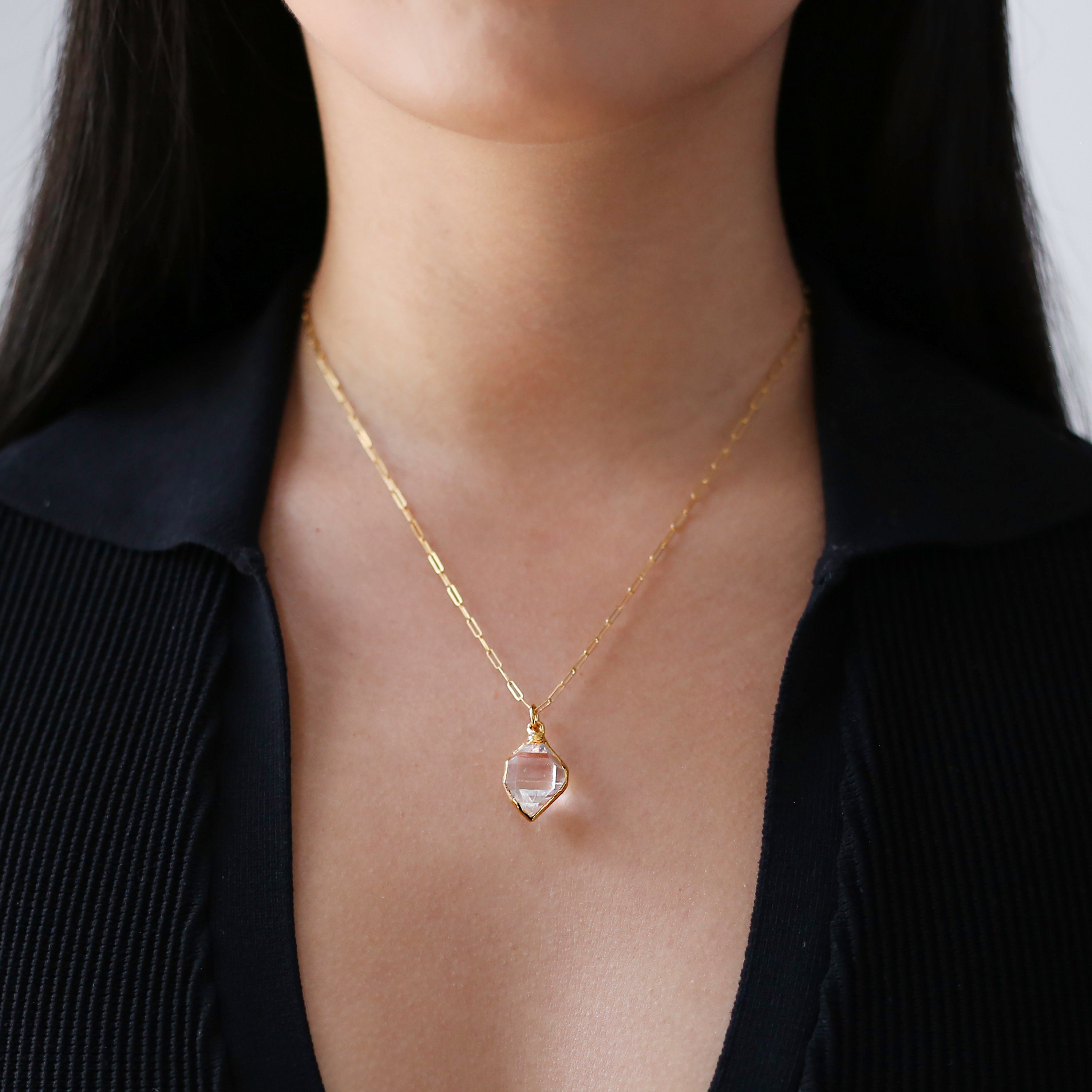 Raw Herkimer Diamond Statement Necklace • Gold Filled • Clear Tibetan Quartz Pendant • Minimalist Fall Jewelry • April Stone • Handmade
