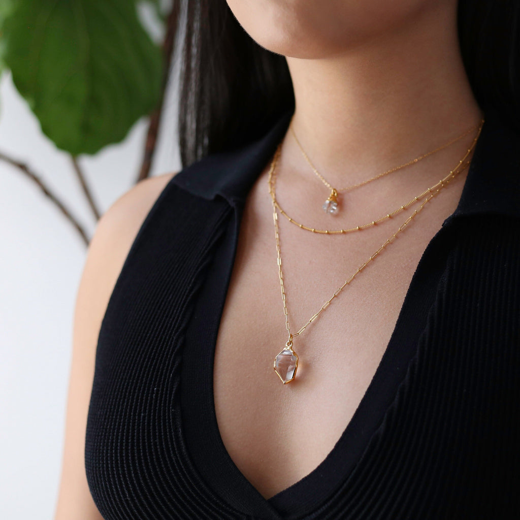 Raw Herkimer Diamond Statement Necklace • Gold Filled • Clear Tibetan Quartz Pendant • Minimalist Fall Jewelry • April Stone • Handmade