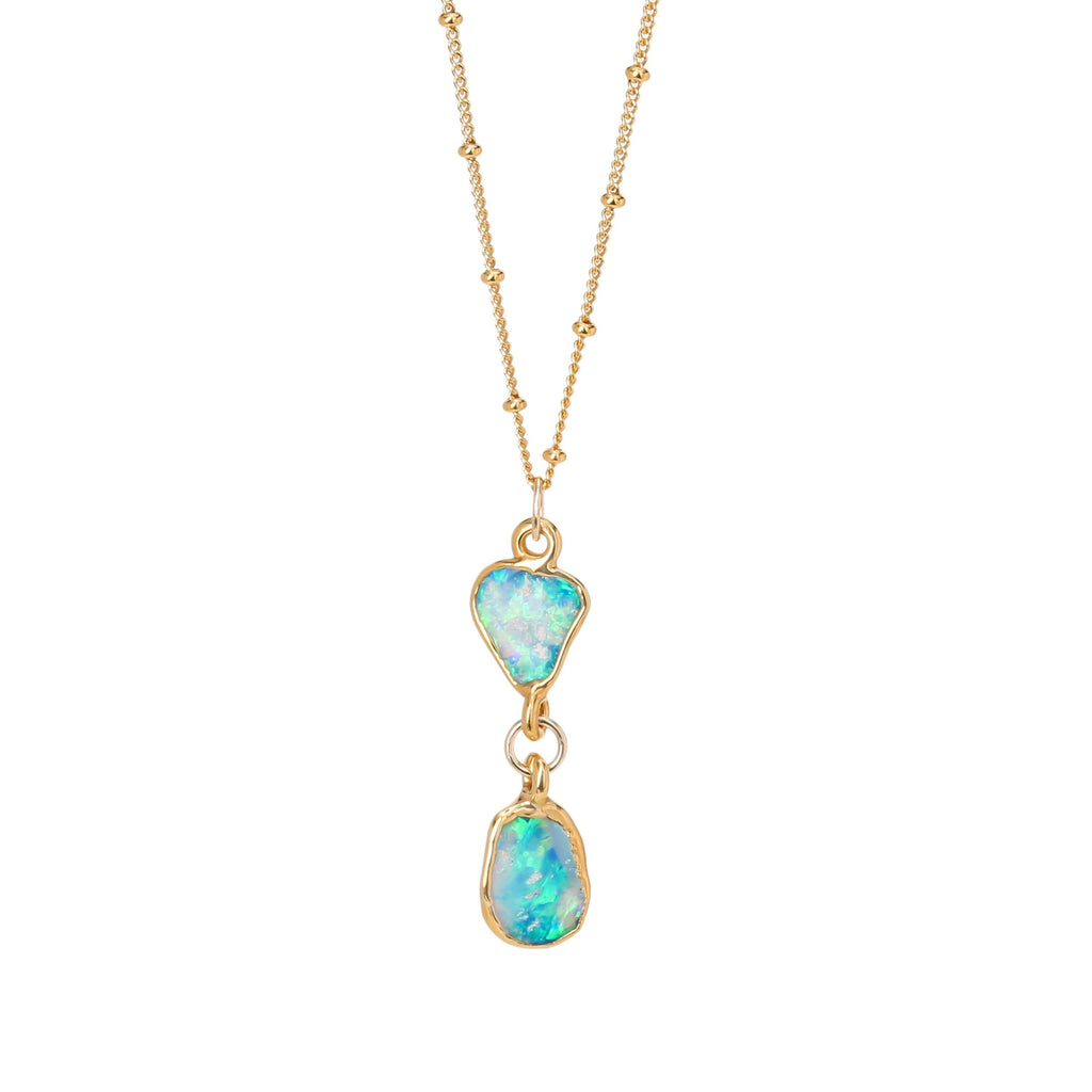 Two Opal Necklace • Gold Filled • Raw Gemstone Crystal Pendant • Handmade Jewelry • Real Fire Opal • October Birthstone Gift • 24k Dip