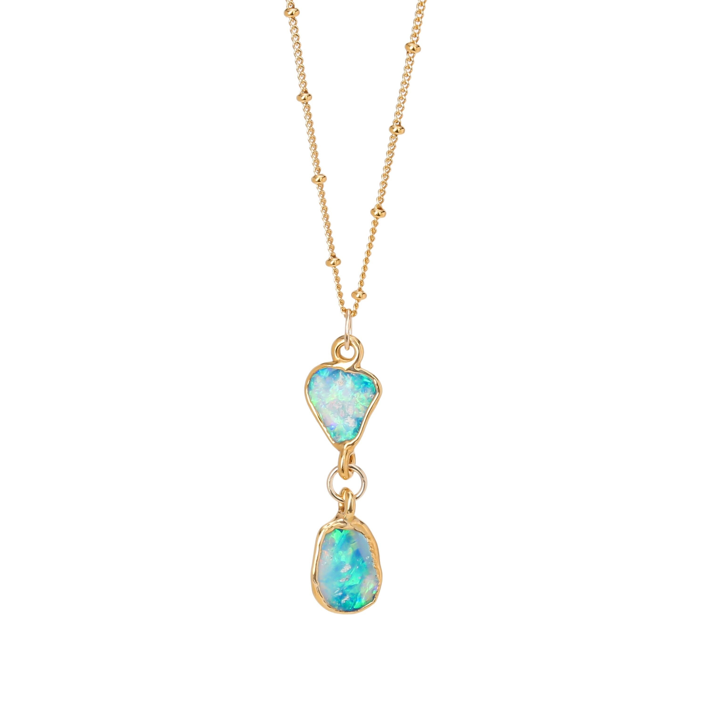 Two Opal Necklace • Gold Filled • Raw Gemstone Crystal Pendant • Handmade Jewelry • Real Fire Opal • October Birthstone Gift • 24k Dip