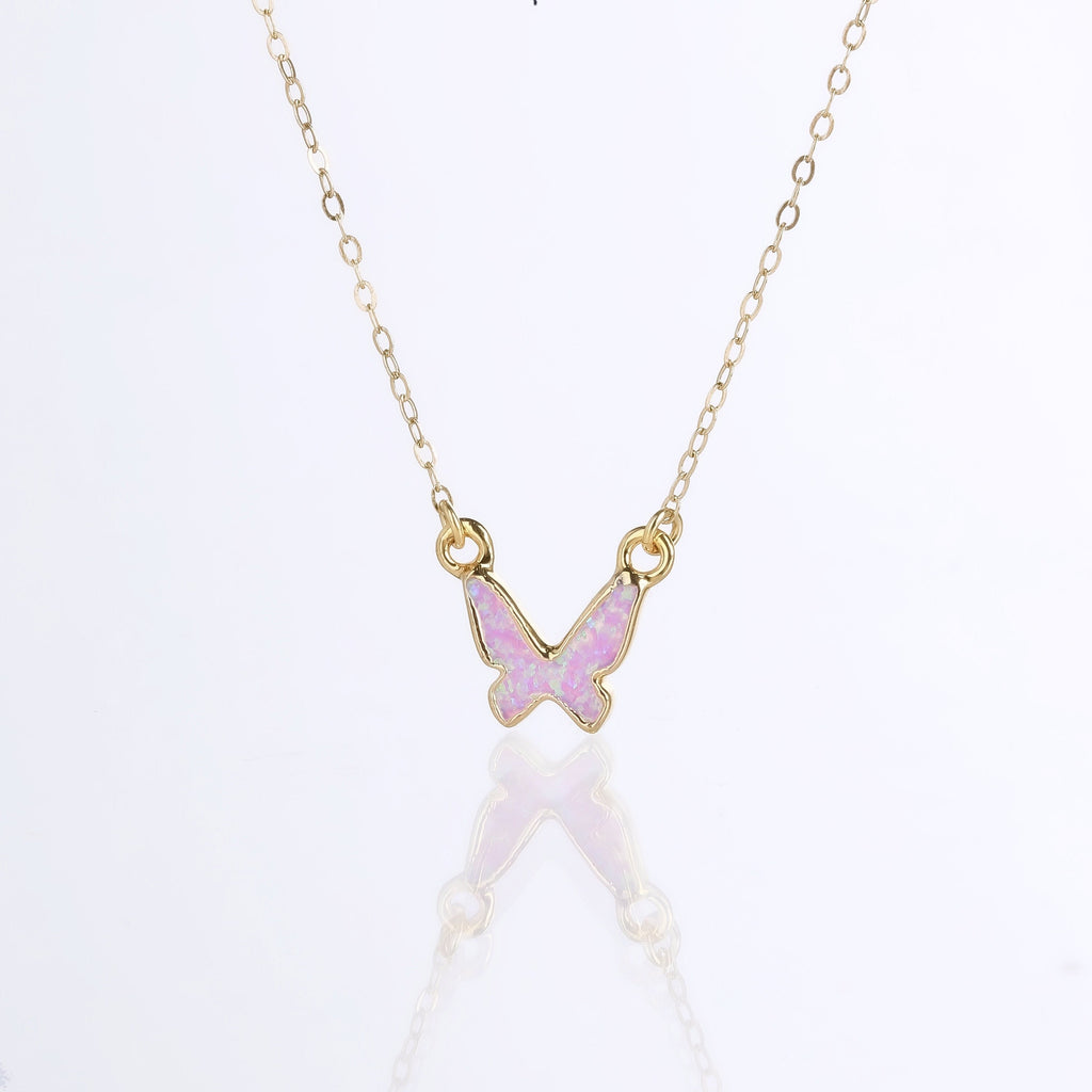 Butterfly Opal Necklace • Dainty Butterfly Pendant • Kyocera Opal • October Birthstone • Feminine Girly Pink Opal Jewelry • 24k Dip