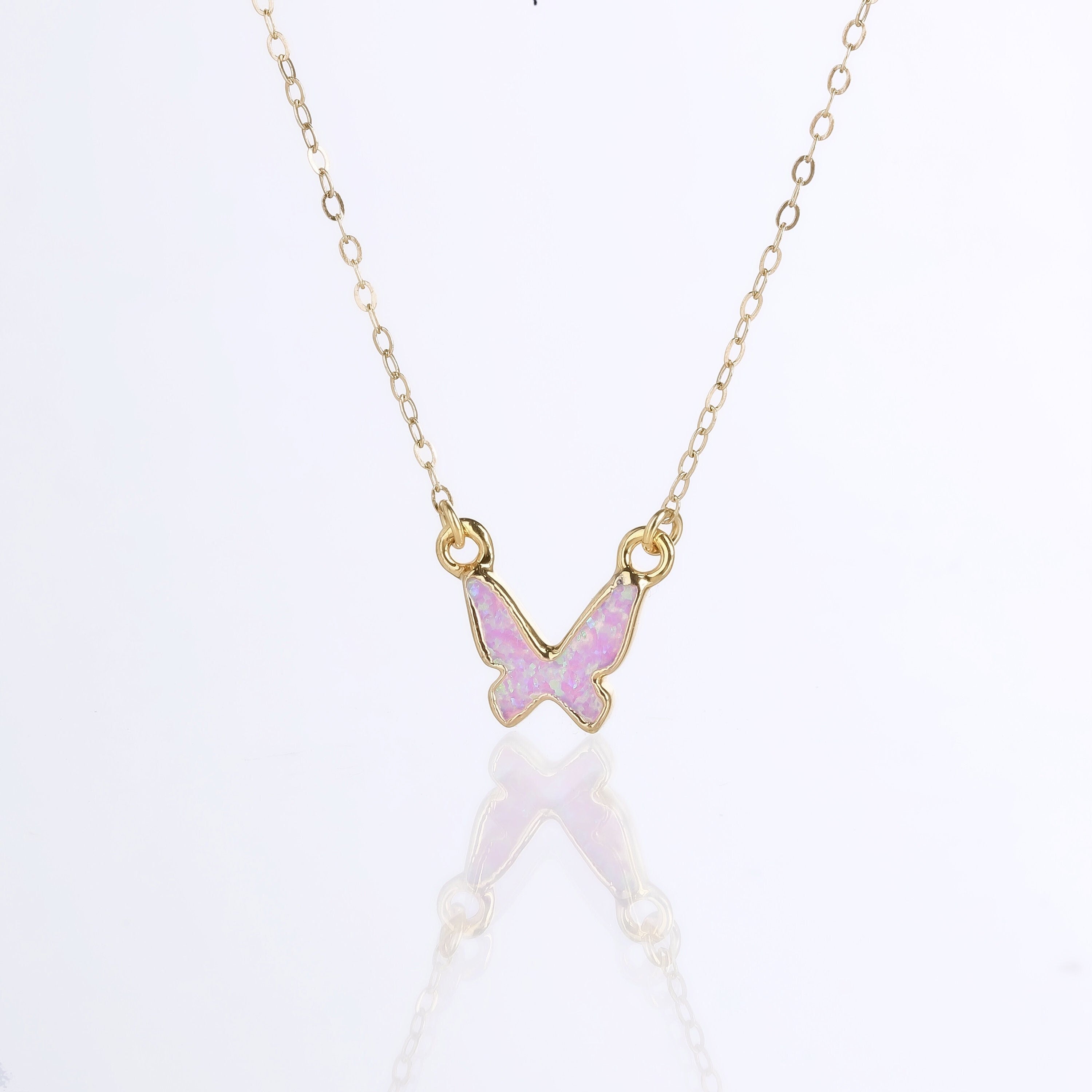 Butterfly Opal Necklace • Dainty Butterfly Pendant • Kyocera Opal • October Birthstone • Feminine Girly Pink Opal Jewelry • 24k Dip