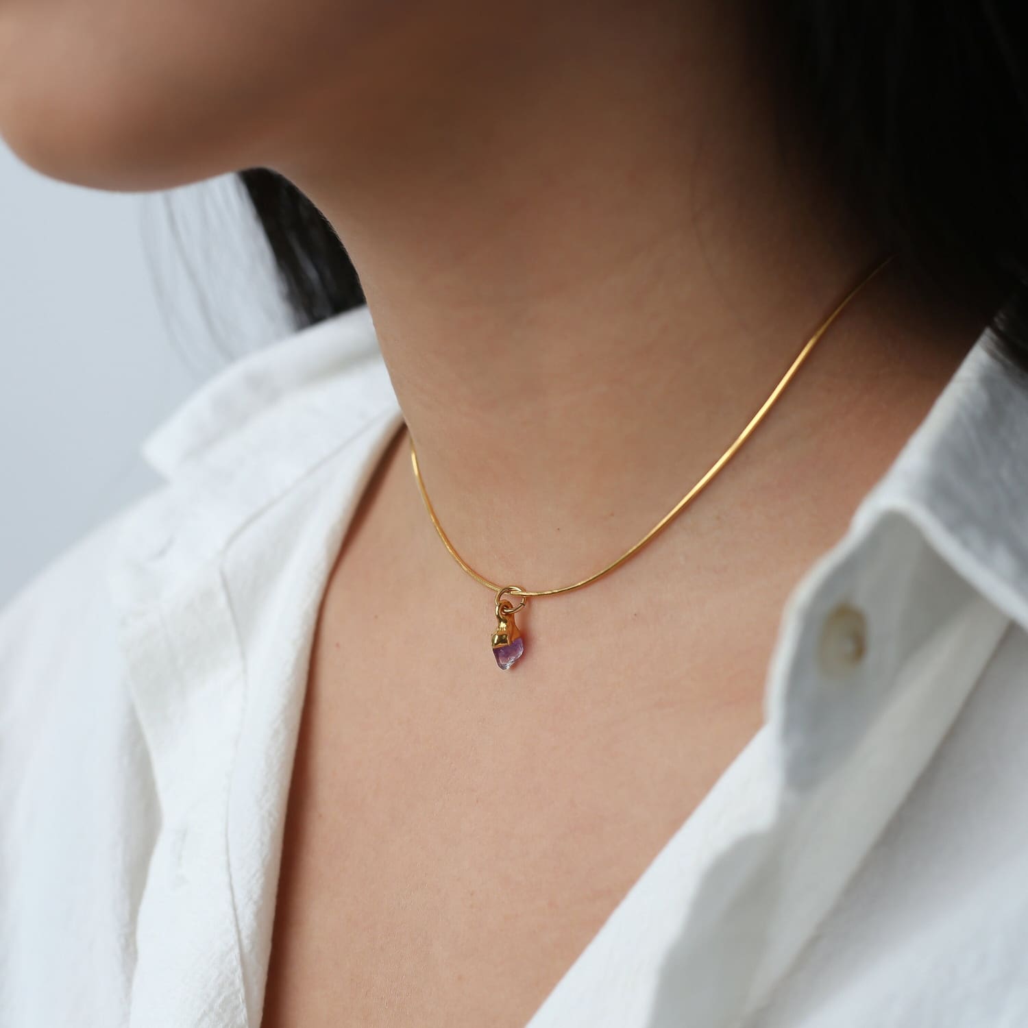 Amethyst Choker • Raw Gemstone Crystal Necklace • 24k Gold Filled Snake Chain • Dainty Small Stone • Simple February Birthstone • 14 inch
