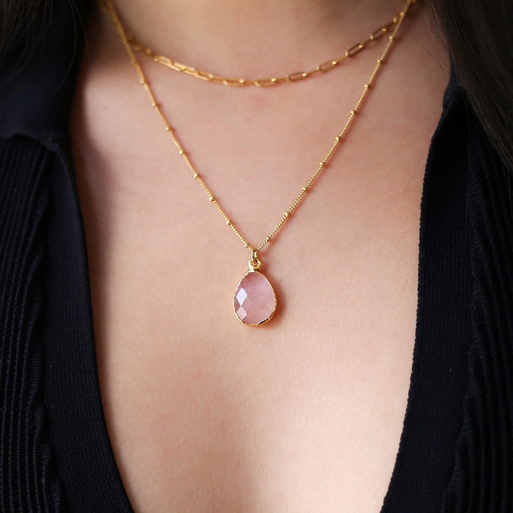 Chunky Rose Quartz Necklace • Gold Filled • Handmade Pink Fall Jewelry • Antique Style • January Birthstone • Perfect Mother of Bride Gift