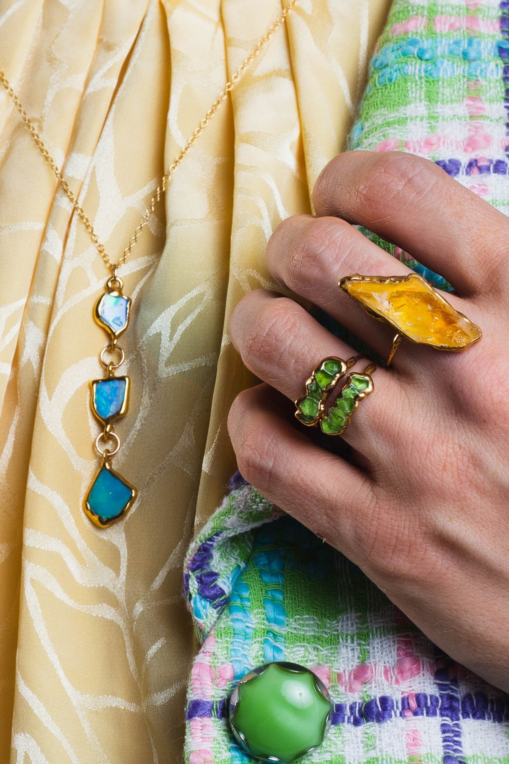 Triple Raw Opal Necklace • Australian Fire Opal Pendant • Crystal Fall Jewelry • October Birthstone Gift • 24k Gold Dip • by Ringcrush
