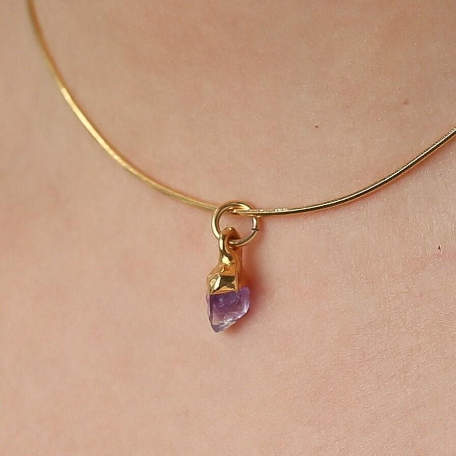 Raw Amethyst Choker • Gold Gemstone Necklace • Witchy Fall Crystal Jewelry • Whimsigoth Goth Jewelry • February Birthstone Charm • 14 inch