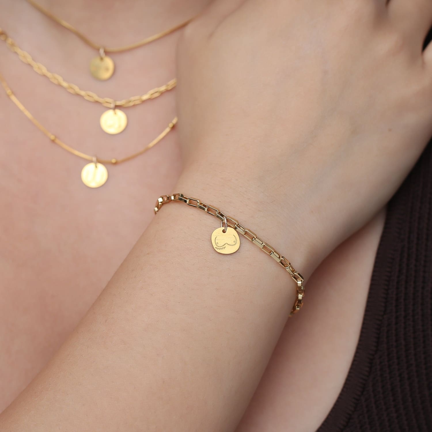 Boobs Gold Medallion Bracelet · Gold Filled · Box Chain · New Beginnings Gift for Her · Breast Cancer Awareness · ALL PROCEEDS DONATED*