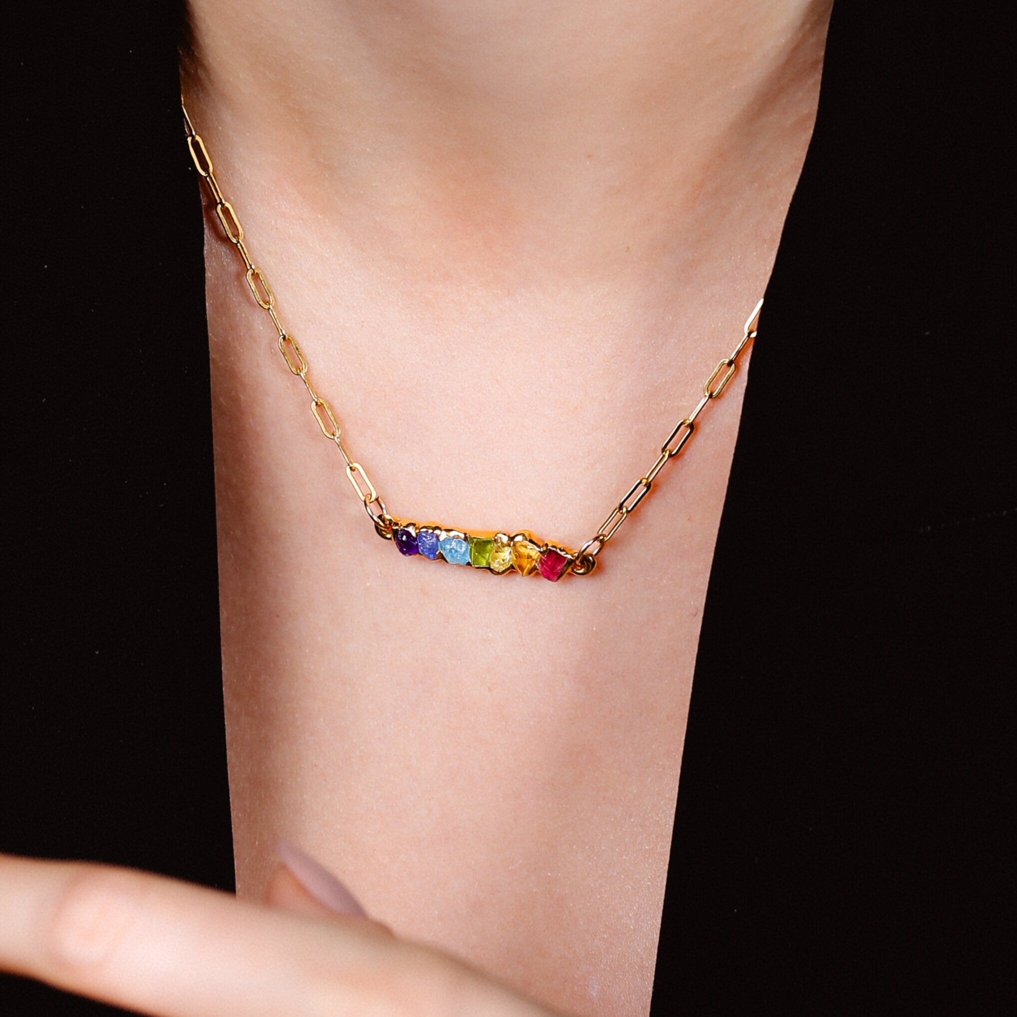 Rainbow Raw Crystal Necklace • 24k Gold Filled Gemstone Pendant • Pride Gift • Genuine Aquamarine, Citrine, Sapphire, Amethyst, Peridot