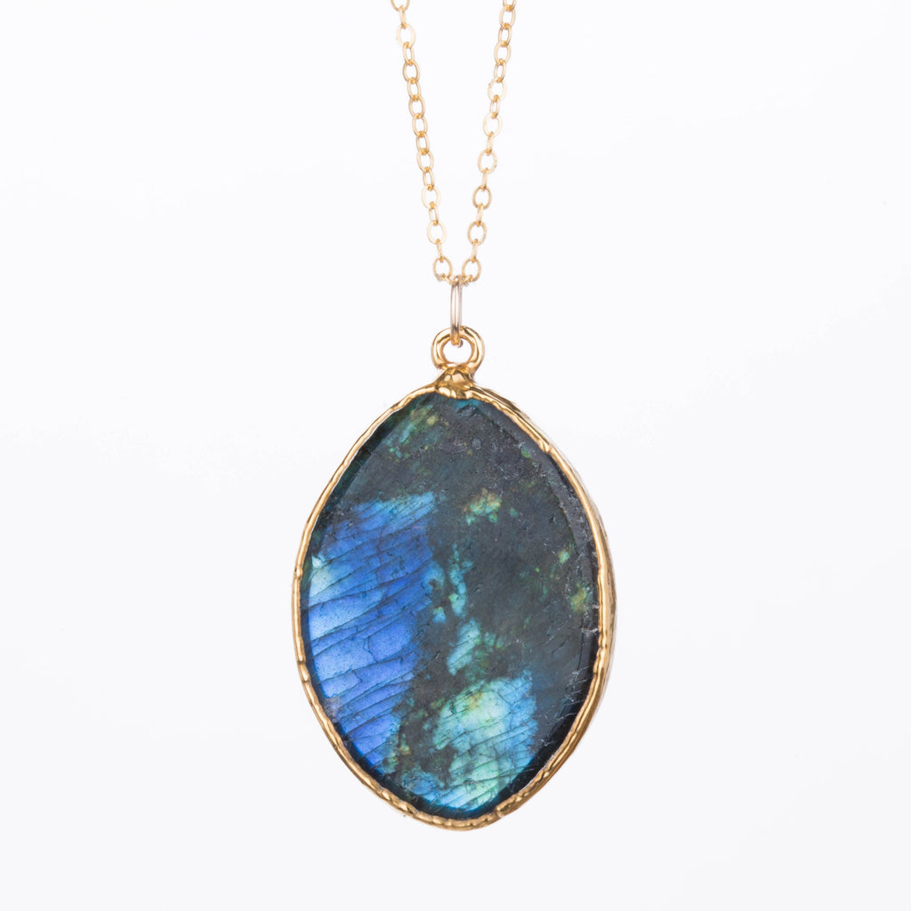 Statement Raw Labradorite Necklace • Gold Filled • Whimsigoth Crystal Pendant • Chunky Gemstone Statement Jewelry • Handmade Gift  • 24k Dip