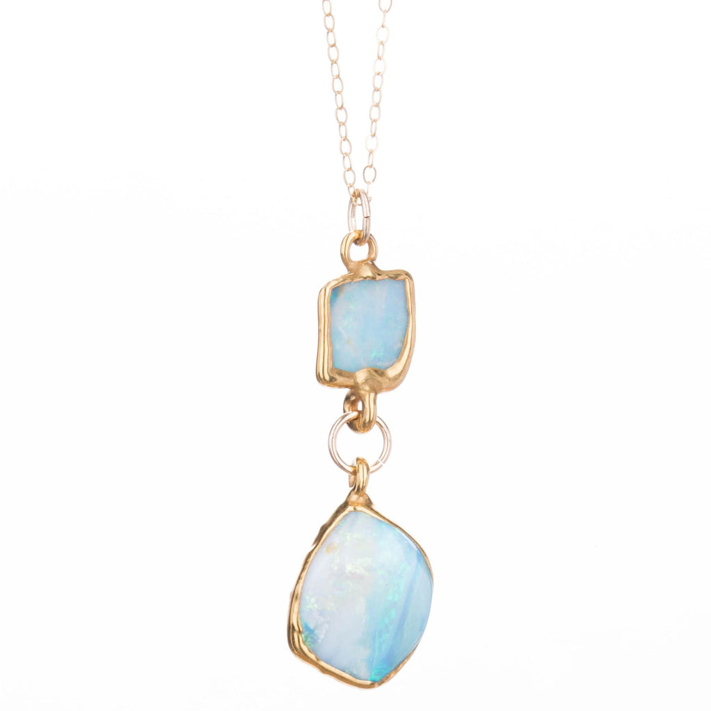 Two Opal Necklace • Gold Filled • Raw Gemstone Crystal Pendant • Handmade Jewelry • Real Fire Opal • October Birthstone Gift • 24k Dip