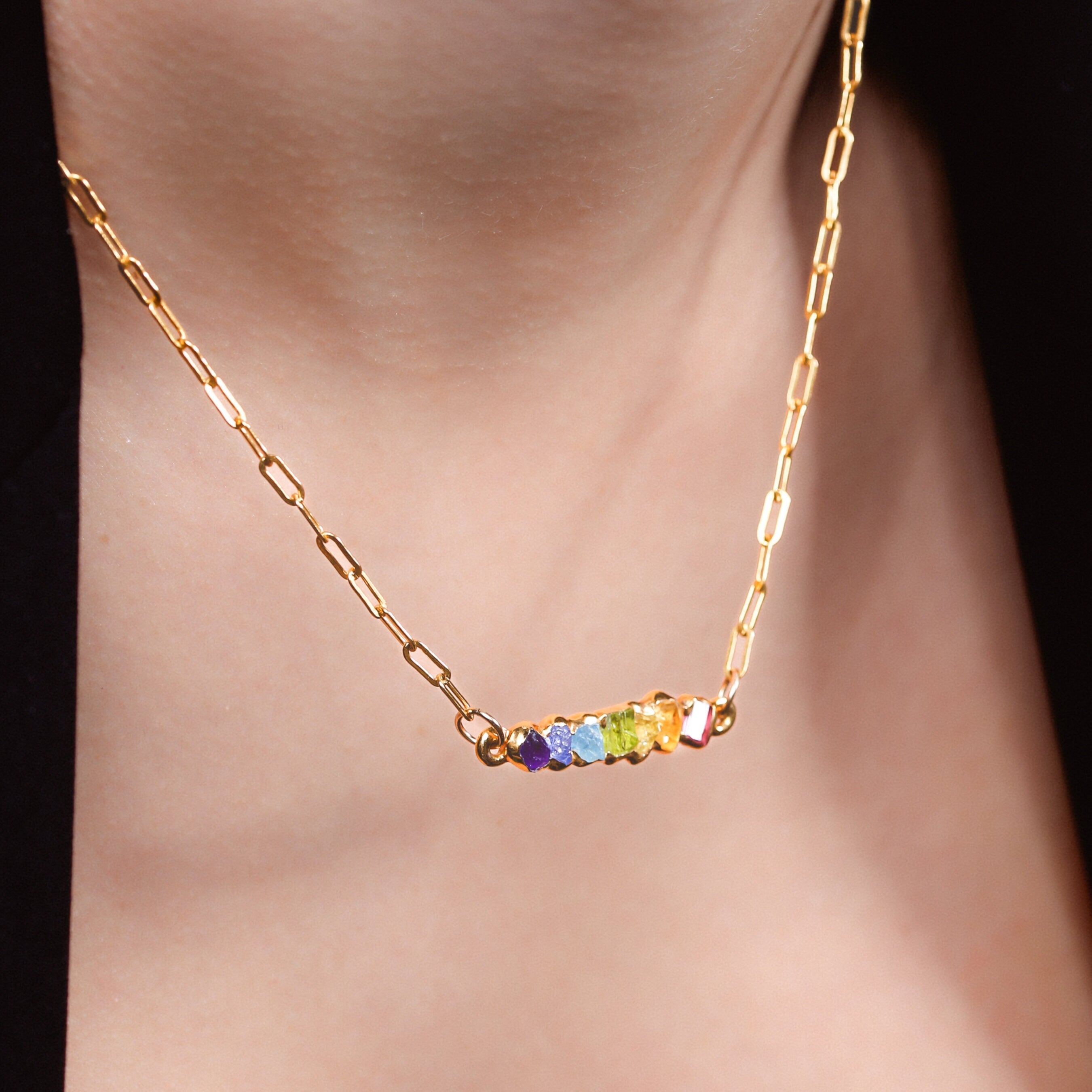 Rainbow Raw Crystal Necklace • 24k Gold Filled Gemstone Pendant • Pride Gift • Genuine Aquamarine, Citrine, Sapphire, Amethyst, Peridot