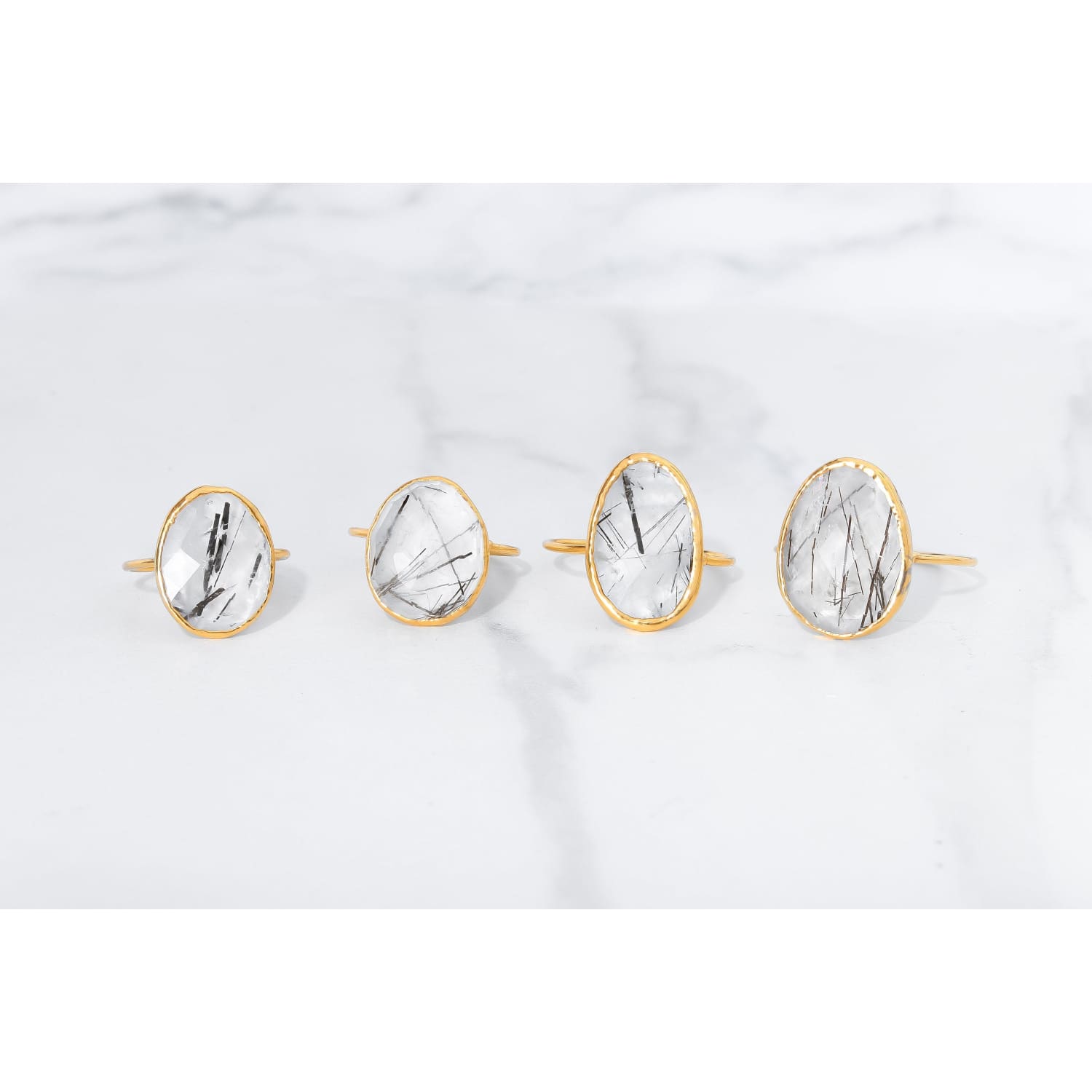 Chunky Rutilated Quartz Ring, Handmade Large Raw Gemstone Ring, Black and White, Witchy Unique Funky Crystal Goth Jewelry in 24k Gold Dip