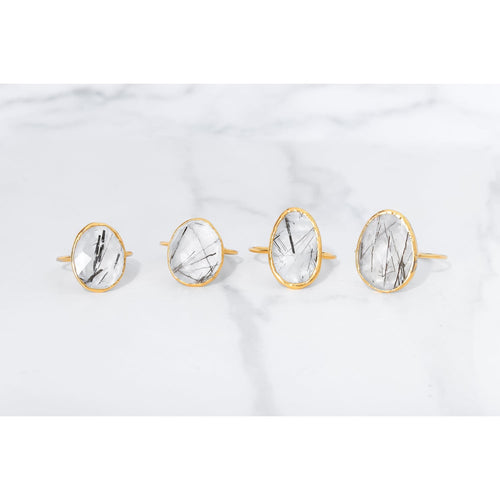 Chunky Rutilated Quartz Ring, Handmade Large Raw Gemstone Ring, Black and White, Witchy Unique Funky Crystal Goth Jewelry in 24k Gold Dip