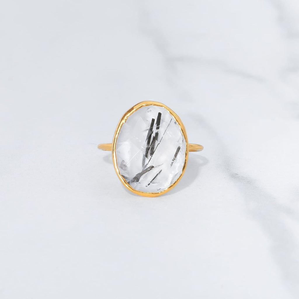 Chunky Rutilated Quartz Ring, Handmade Large Raw Gemstone Ring, Black and White, Witchy Unique Funky Crystal Goth Jewelry in 24k Gold Dip