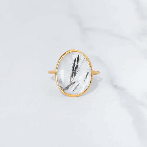 Chunky Rutilated Quartz Ring, Handmade Large Raw Gemstone Ring, Black and White, Witchy Unique Funky Crystal Goth Jewelry in 24k Gold Dip