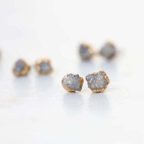 Dainty Raw Diamond Stud Earrings in Yellow Gold