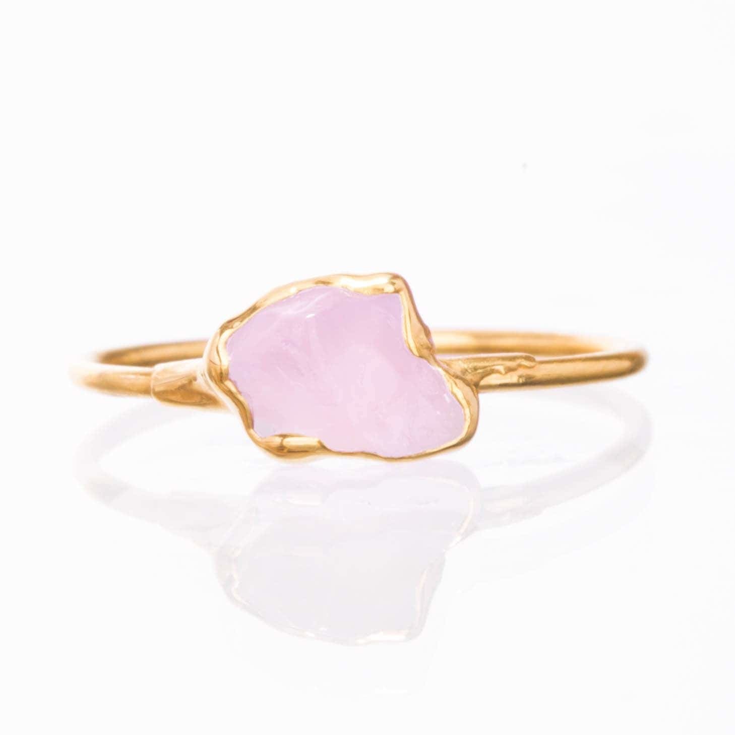 Dainty Raw Rose Quartz Ring in Yellow Gold