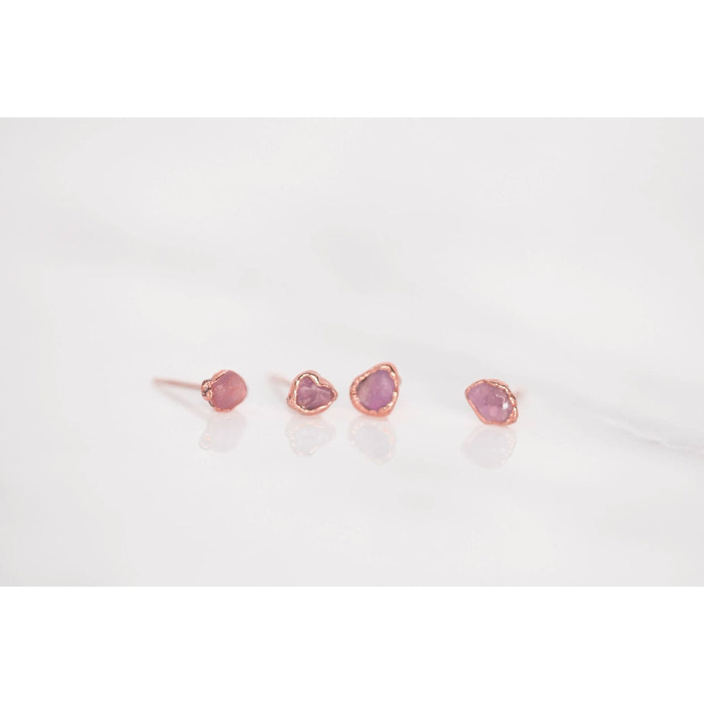 Dainty Raw Ruby Stud Earrings in Rose Gold