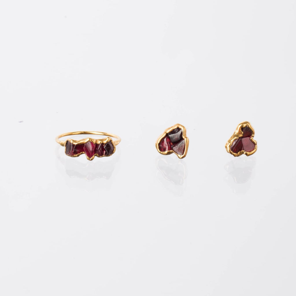 Dainty Raw Triple Garnet Cluster Stud Earrings