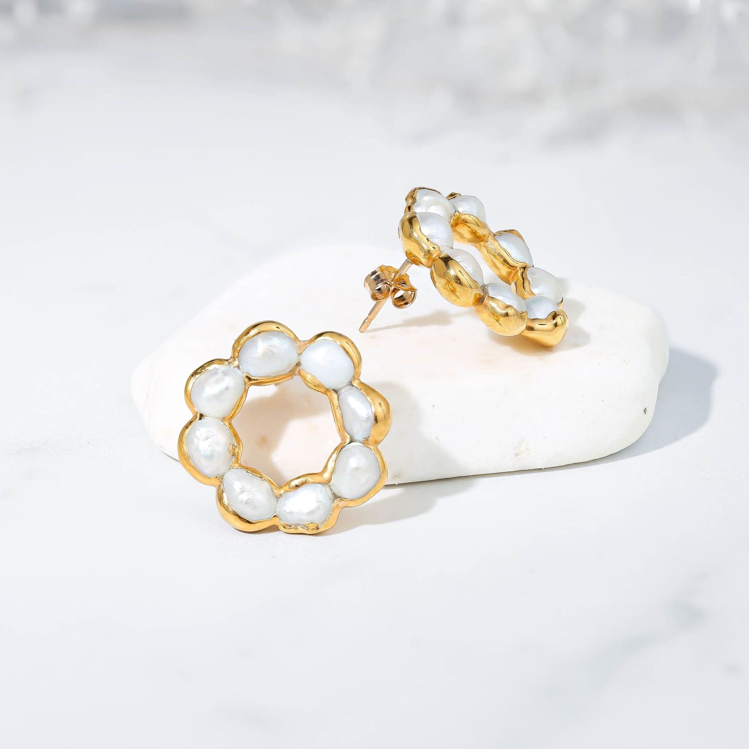 Daisy Pearl Cluster Earrings, Gold Fill w/ 24k Dip, Eternity Baroque Freshwater Pearls, Unique Gold Studs June Birthstone, Raw Gemstone