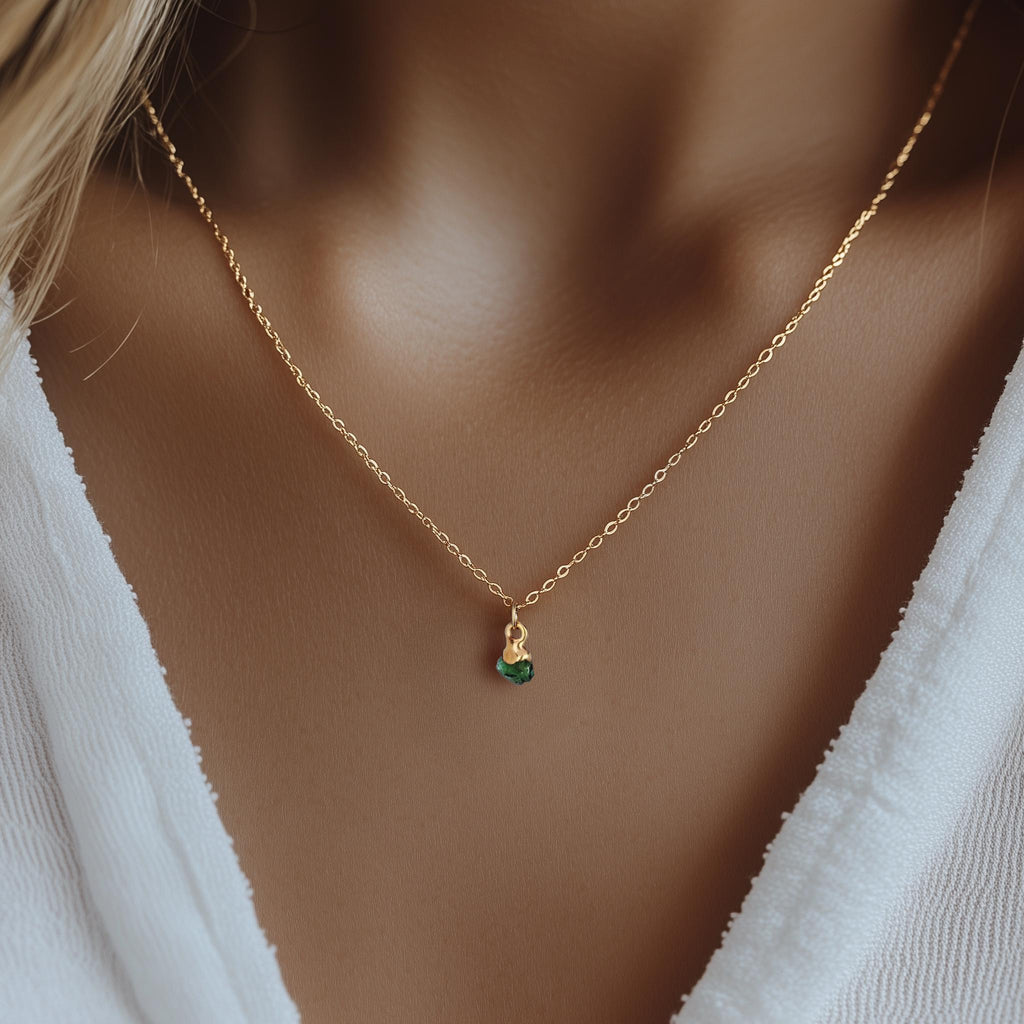 Raw Emerald Necklace, Gold Filled, May Birthstone, Raw Gemstone Crystal Pendant, Taurus, Whimsigoth • 24k Dip • Handmade