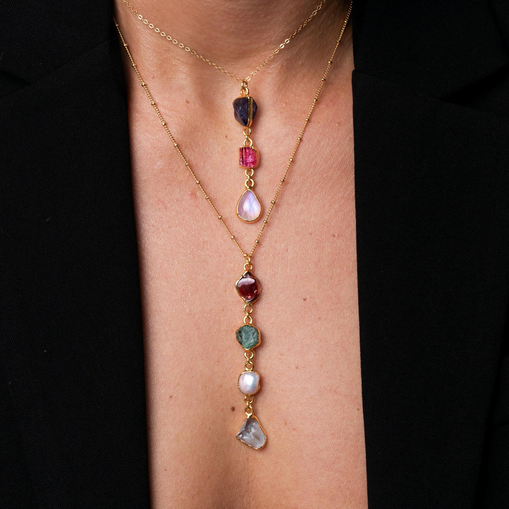 Custom Raw Birthstone Necklace • Lariat Mother’s Necklace • Unique Mother's Day Gift • Kids Birthstone Family Necklace • Boho Raw Gemstone