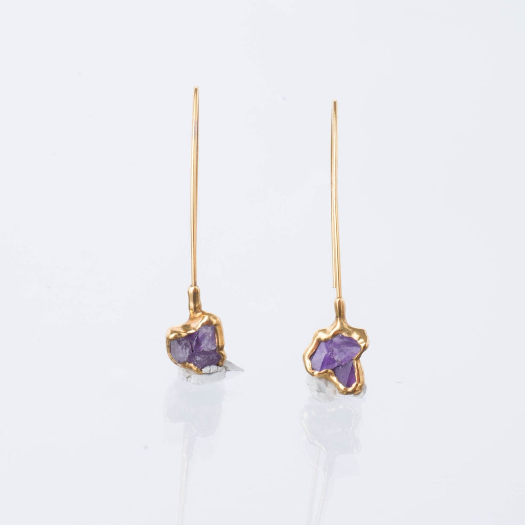 Edgy Fleur Raw Amethyst Cluster Drop Earrings